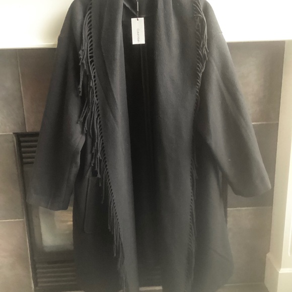 Calvin Klein.  BNWT. Plus size. 1X. Open coat with fringing. Black. - Picture 1 of 6